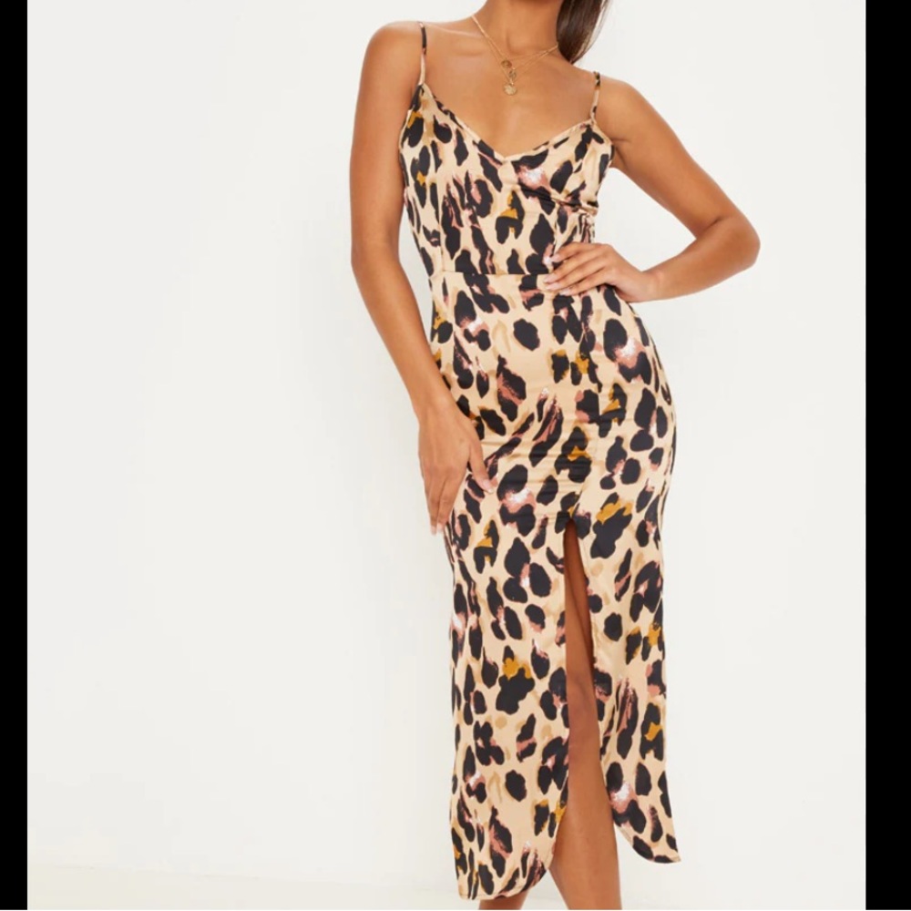 Leopard print satin midi slip dress